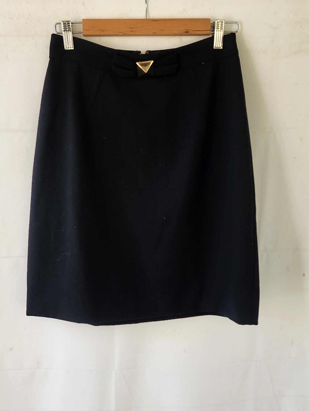 Kate Spade Black Wool A Line Skirt with Bow and Gold Triangle Accent